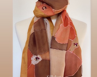 Handpainted,VINTAGE,Autumn Silk shawl,Fall,Rust,Brown,Long scarf,rustic,chiffon,ready to ship,Fall scarf,vintage scarf,one of a kind,gift