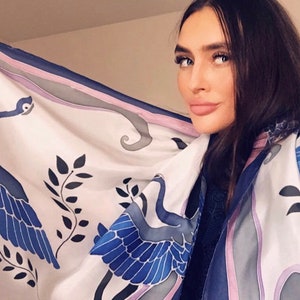 Bird scarf- blue scarf- handpainted- scarf- handmade scarf- silk scarf- cranes- birds silk scarf-blue birds -birds scarf,personalized gifts