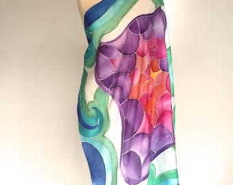 Ocean theme, square silk scarf,scallops,,waves,sea life, Handpainted,christmas gift,one of a kind,handmade gifts,birthday,personalized gifts