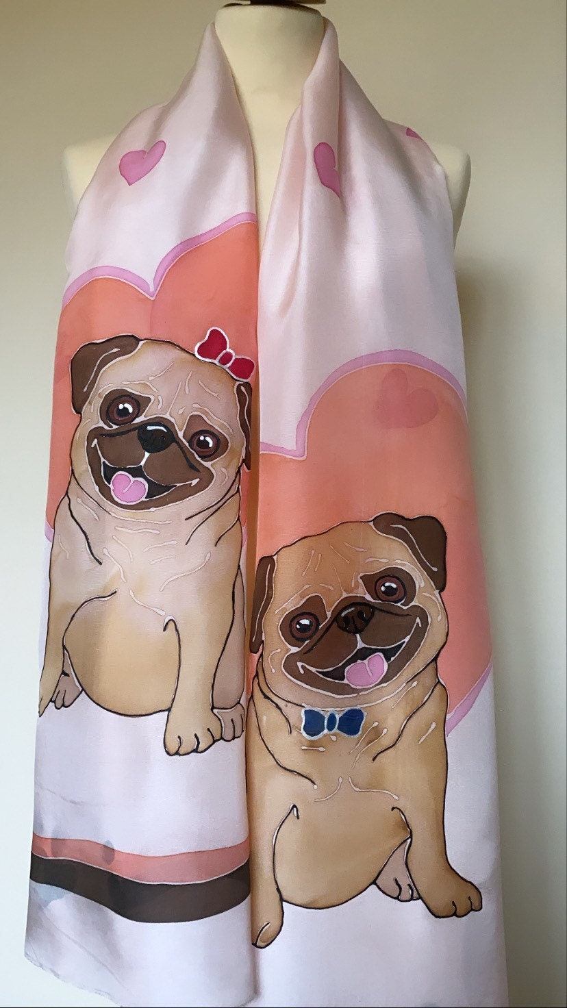 Pug, scarf, puglife, gift for her, one of a kind, Handpainted,silk scarf, pug gifts,pug lover gift, personalized gifts,birthday