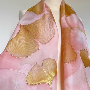 Gingko leaf, silk scarf, pink, peach, silk, scarf, unique, gift for her, handpainted, gift,birthday gift