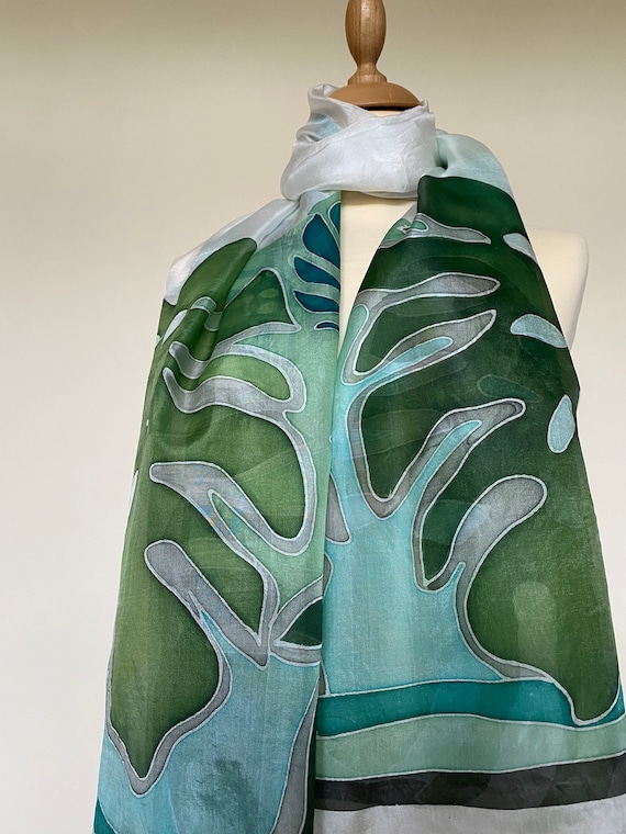 Monstera Scarf, Leaves, Silk Scarf, Gift for Her, Nature 