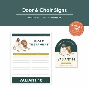 May include: Door and chair signs with the text "Door & Chair Signs" and "The Old Testament". The signs feature illustrations of a person with a lion. The text "VALIANT 10" is also visible. The signs are designed for Primary 2026.