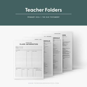 Könnte beinhalten: Ein Stapel weißer Lehrerordner mit dem Text "Teacher Folders" und "Primary 2026 | The Old Testament" oben. Die Ordner enthalten Abschnitte "Class Information" und "HEDULE". Die Website www.theredheadedhostess.com befindet sich unten.