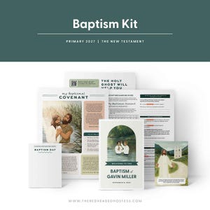 May include: A Baptism Kit featuring printed materials including a My Baptismal Covenant sheet, a scripture marking guide, a Baptism Day card, and a welcome card for Gavin Miller, all decorated with religious illustrations and text.