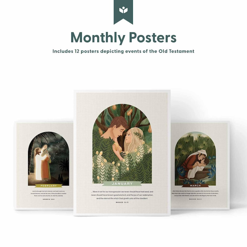May include: Set of monthly posters with illustrations depicting events from the Old Testament. The posters feature images for January, February, and March, each with a unique scene and text. The posters have a neutral background and are framed by an arch.