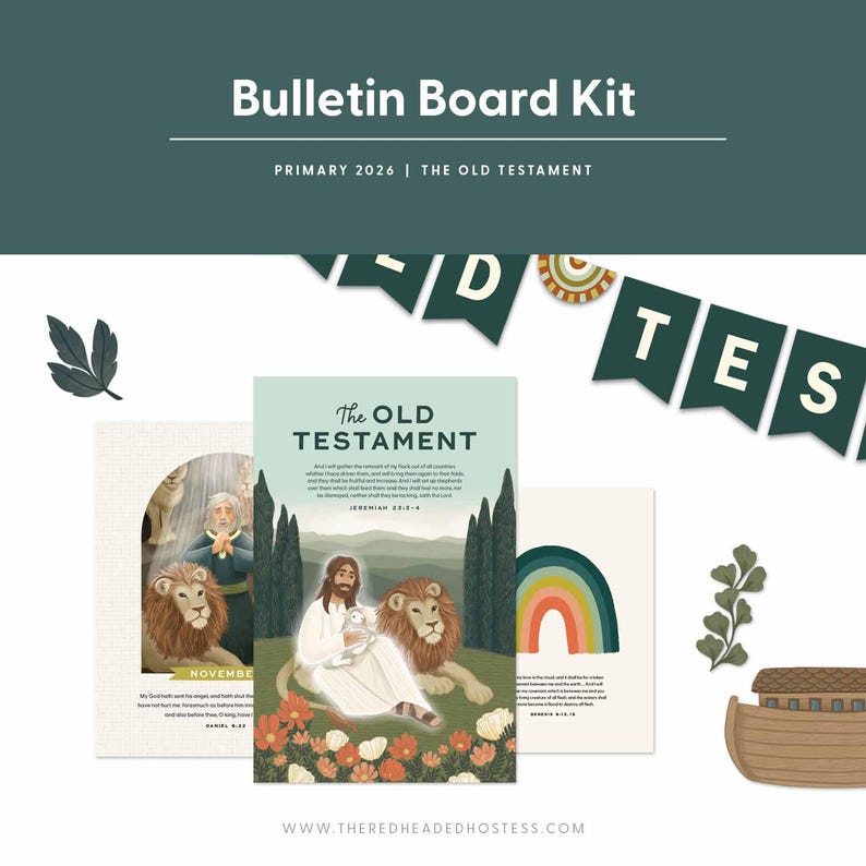 May include: A bulletin board kit with the text "Bulletin Board Kit" and "PRIMARY 2026 | THE OLD TESTAMENT". The kit includes illustrated cards with religious themes, including a rainbow and a depiction of Jesus.