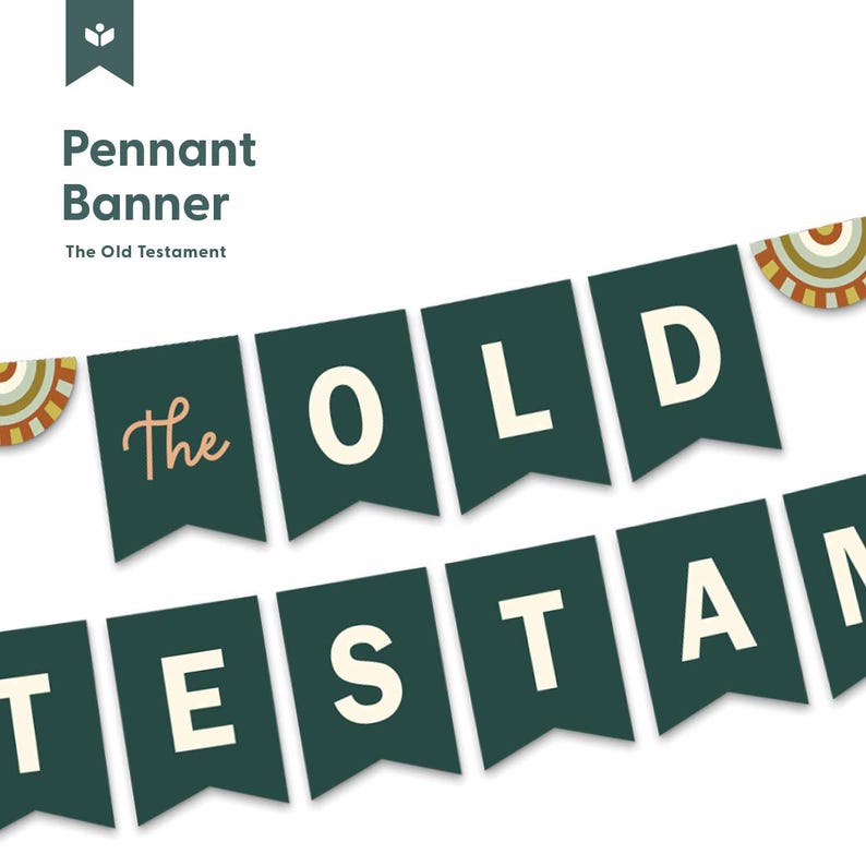 May include: A pennant banner reading "The Old Testament" on dark green pennants. The pennants are strung together and decorated with circular designs in shades of brown, orange, and cream. The banner is set against a white background.