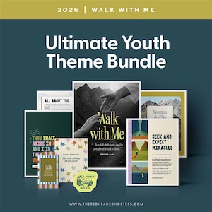 May include: An assortment of printed materials, including cards and posters, with the text "Ultimate Youth Theme Bundle." The designs feature inspirational quotes, illustrations, and the words "Walk with Me" and "Seek and Expect Miracles."