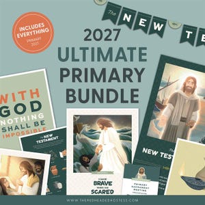 Op de afbeelding: Een 2027 Ultimate Primary Bundle met religieuze educatieve materialen. Bevat posters en kaarten met illustraties van Jezus, en teksten zoals With God Nothing Shall Be Impossible, I Can Be Brave When I Am Scared en The New Testament.