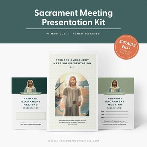 Könnte beinhalten: Ein Präsentationsset für die Abendmahlsversammlung 2027 zum Neuen Testament. Das Set enthält drei bedruckte Karten mit Illustrationen von Jesus, Text und einem orangefarbenen runden Abzeichen mit der Aufschrift Editable File! Just type and press print!