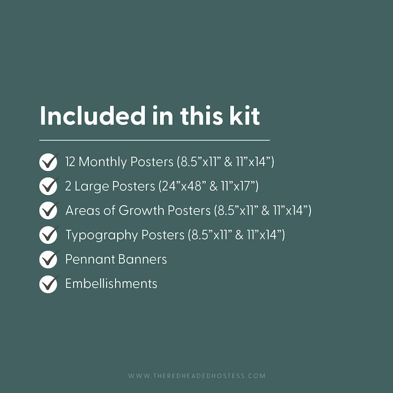 May include: A teal graphic lists the contents of a kit. The text reads "Included in this kit" followed by a list of items: 12 monthly posters (21.6cm x 28cm & 28cm x 35.6cm), 2 large posters (61cm x 122cm & 28cm x 43cm), and more.