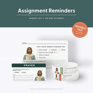 以下が含まれることがあります： Primary 2027 The New Testament用の課題リマインダーカードとリストバンドのセット。カードにはイエスのイラスト、名前と日付を記入する空白の行、祈りや聖句、話などのタスクを選択するチェックボックスが印刷されています。