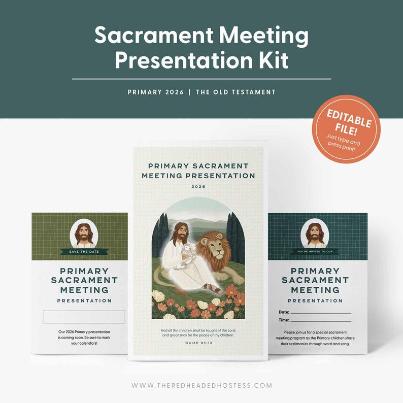 May include: A presentation kit with the text "Sacrament Meeting Presentation Kit" and "Primary 2026 | The Old Testament." The kit includes a main presentation, a save-the-date card, and an invitation card. The main presentation features an illustration of Jesus with a lamb and a lion.