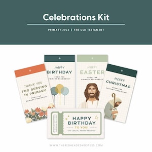 May include: A collection of greeting cards and a coupon with the text "Celebrations Kit." The cards include messages for birthdays, Easter, Christmas, and appreciation. The color palette includes orange, green, and white.