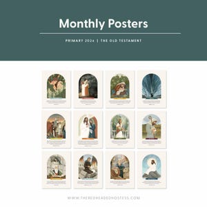 Könnte beinhalten: Eine Sammlung von zwölf "Monatlichen Postern" mit Illustrationen aus "Das Alte Testament" für Primary 2026. Jedes Poster hat ein einzigartiges Bild in einem bogenförmigen Rahmen, mit Text oben und unten. Die Poster sind in einem Raster angeordnet.