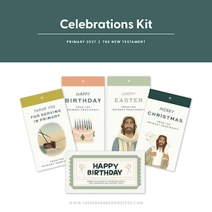 May include: A Celebrations Kit featuring four vertical rectangular tags and one horizontal coupon. The tags display text including Happy Birthday, Happy Easter, and Merry Christmas, with illustrations of a boat, cake, and religious figures.