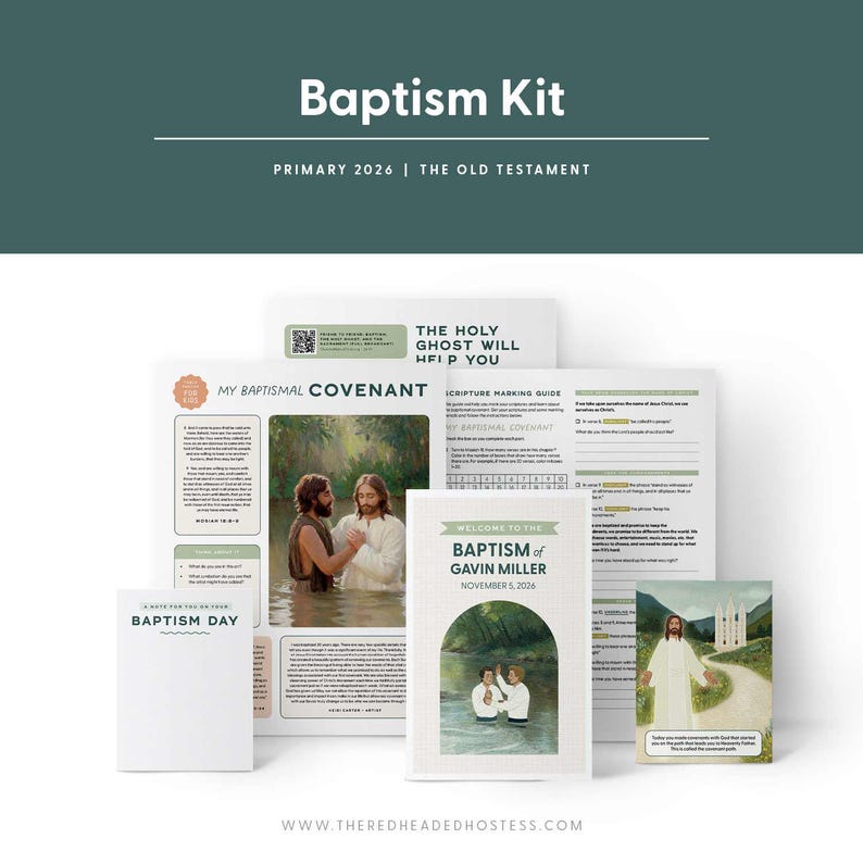 May include: A Baptism Kit with various printed materials. The kit includes a booklet titled "My Baptismal Covenant", a guide, a notepad, and a card. The text "Baptism Kit" and "Primary 2026 | The Old Testament" are visible.