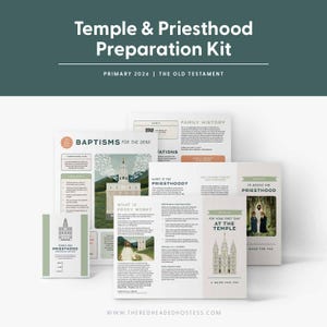 May include: A collection of printed materials titled "Temple & Priesthood Preparation Kit." The kit includes guides on baptisms, priesthood, and family history. The design features illustrations of temples and religious figures, with text such as "Primary 2026" and "The Old Testament."