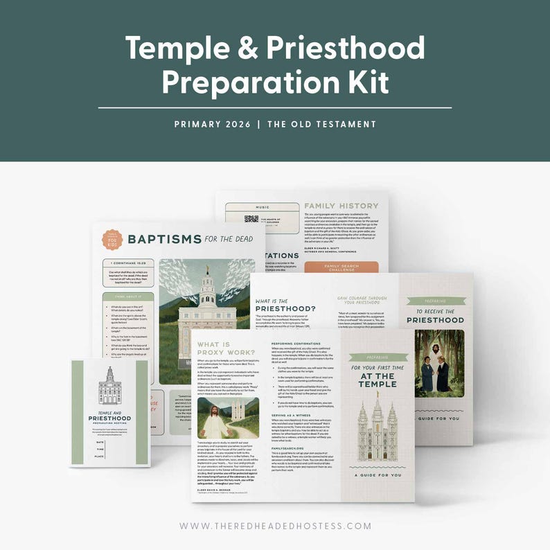 May include: A collection of printed materials titled "Temple & Priesthood Preparation Kit." The kit includes guides on baptisms, priesthood, and family history. The design features illustrations of temples and religious figures, with text such as "Primary 2026" and "The Old Testament."
