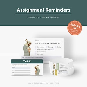 May include: White assignment reminder cards with text: "Assignment Reminders" and "Primary 2026 | The Old Testament." Includes a graphic of a person with a staff. Also includes a round sticker that says "Editable File!"