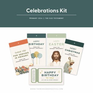 May include: A collection of greeting cards and a coupon with the text "Celebrations Kit." The cards include messages for birthdays, Easter, Christmas, and thanks. The color palette includes orange, green, and white.