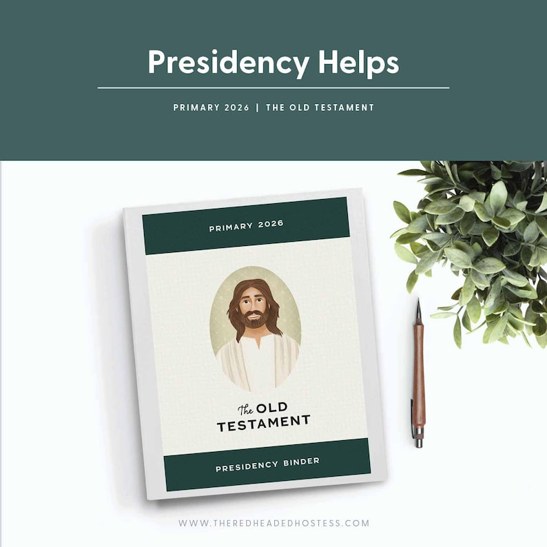 May include: A white binder with dark green accents and the text "Presidency Helps" and "Primary 2026 | The Old Testament." The binder features an illustration of a man and the words "The Old Testament" and "Presidency Binder."
