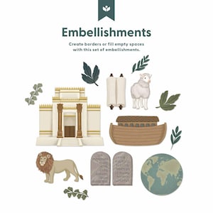 May include: An illustration set of embellishments including a temple, lion, ark, tablets, scroll, lamb, and world map. The text reads "Embellishments" and "Create borders or fill empty spaces with this set of embellishments."