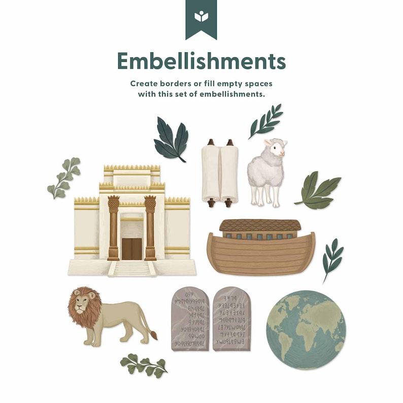 May include: An illustration set of embellishments including a temple, lion, ark, tablets, scroll, lamb, and world map. The text reads "Embellishments" and "Create borders or fill empty spaces with this set of embellishments."