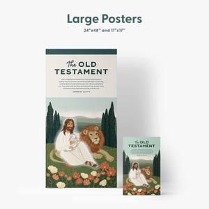 May include: Two posters with the text "The Old Testament". The larger poster is 61cm x 122cm and features an illustration of a person with a lamb and a lion. The smaller poster is 28cm x 43cm and has the same illustration.