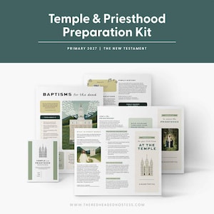 Puede incluir: Un kit de preparación para el templo y el sacerdocio para la Primaria 2027, que incluye materiales educativos impresos, guías y hojas de actividades con ilustraciones de templos, figuras religiosas y textos sobre el bautismo.