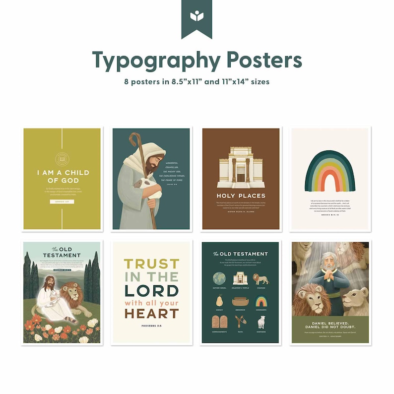 May include: A set of eight typography posters in sizes 21.6cm x 28cm and 28cm x 35.5cm. The posters display religious themes with illustrations and text, including "HOLY PLACES" and "THE OLD TESTAMENT".