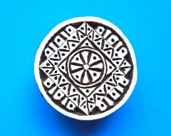 Okrągły stempel z mandali plemiennej z drewna, ceramiki, ręcznie rzeźbiony, tkanina, indyjski blok drukarski