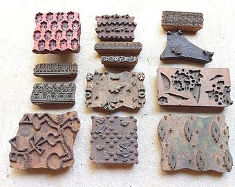 Set of 13 Imperfect Antique Vintage Large Wood Stamps  Hand Carved Old Indian Print Block --LOT 16