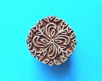 Round flower Leaf Wood Stamp Hand Carved Fabric Textile Pottery Indian Print Block
