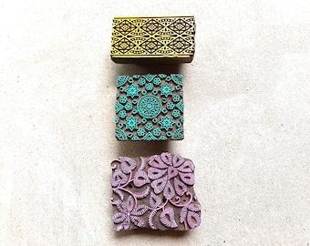 Antique Vintage Large Wood Textire Stamps Set of 3 for Batik, pottery, or Wall Sculpture Art Hand Carved Old Indian Print Block --LOT 2