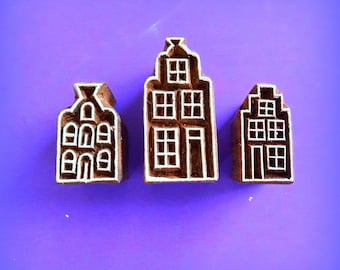 Set of Houses Cottages  Building Hand Carved Indian  Fabric Clay Print Block Pottery Wood Stamp (set7)