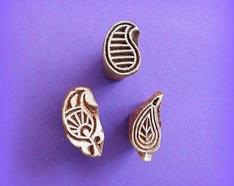 Set of Three Small Paisley Motif Wood Stamps Hand Carved Pottery Fabric Textile Clay Indian Print Block