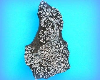 Paisley Floral Finely Carved Antique Vintage Indian Old Printing Block Large Wood Stamp  (V15)