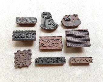 Set of 9  Imperfect Antique Vintage Large Wood Stamps  Hand Carved Old Indian Print Block --LOT 30