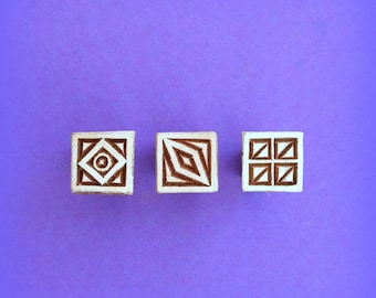 Set of 3 Hand Carved small Square Geometric Wood Stamps Geometric Fabric Textile Clay Pottery Print Blocks