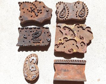 Set of 6 Imperfect Antique Vintage Large Wood Stamps  Hand Carved Old Indian Print Block --LOT# 4