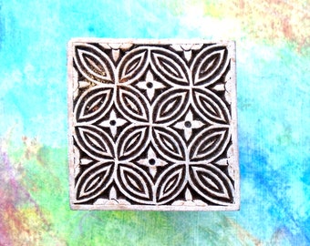 Geometric Square Hand Carved flower Wood Stamp Pottery Clay Fabric Indian Print Block