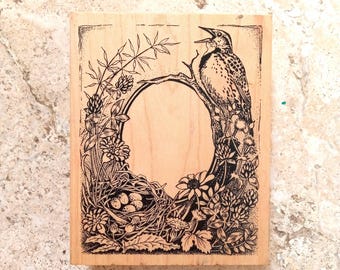 Vintage Bird Floral Rubber Stamp Mounted on Wood Slightly Used