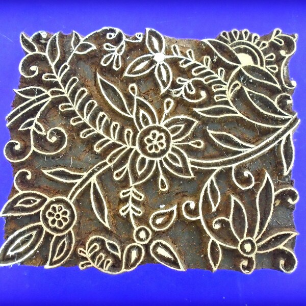 Large 6 Inch Hand Carved Floral Rectangle batik Textile Pottery Wood Stamp Indian Print Block