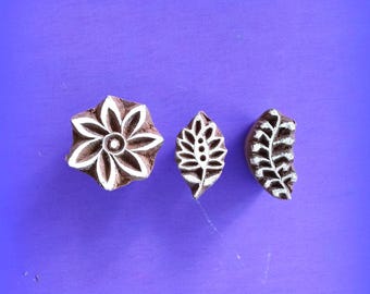 Set of Three Small Flower Leaf Botanical Pottery Wood Stamps Hand Carved Fabric Textile Pottery Indian Print Block