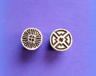 Set of Two Small Geometric Round Pottery Wood Stamps Hand Carved Fabric Textile Pottery Printing Block