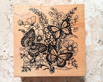 Vintage Butterfly Floral Rubber Stamp Mounted on Wood Slightly Used