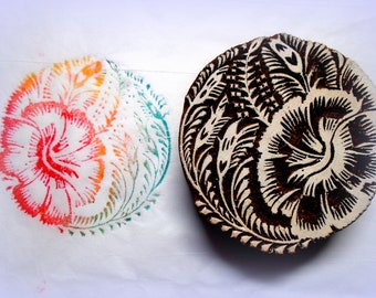 Kwiat hibiskusa, ręcznie rzeźbiony, stempel z drewna, glina ceramiczna, tkanina, kwiatowy, indyjski nadruk w bloku