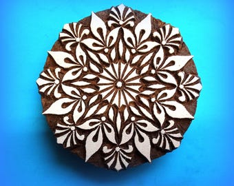 Hand Carved  Round Mandala Flower Fabric Textile Wood Pottery Clay Stamp Indian Print Block
